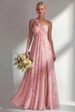 Chiffon Blue Pink Flower One Shoulder Ruched Printed Long Bridesmaid Dress with Slit