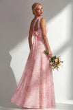 Chiffon Blue Pink Flower One Shoulder Ruched Printed Long Bridesmaid Dress with Slit