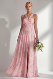 Chiffon Blue Pink Flower One Shoulder Ruched Printed Long Bridesmaid Dress with Slit
