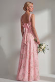 Chiffon Blue Pink Flower One Shoulder Ruched Printed Long Bridesmaid Dress with Slit