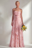 Chiffon Blue Pink Flower One Shoulder Ruched Printed Long Bridesmaid Dress with Slit