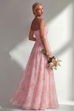Chiffon Blue Pink Flower One Shoulder Ruched Printed Long Bridesmaid Dress with Slit