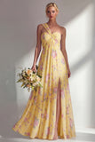 Chiffon Blue Pink Flower One Shoulder Ruched Printed Long Bridesmaid Dress with Slit
