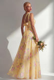 Chiffon Blue Pink Flower One Shoulder Ruched Printed Long Bridesmaid Dress with Slit