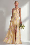 Chiffon Blue Pink Flower One Shoulder Ruched Printed Long Bridesmaid Dress with Slit