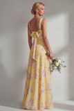 Chiffon Blue Pink Flower One Shoulder Ruched Printed Long Bridesmaid Dress with Slit