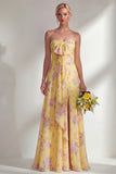Chiffon Blue Pink Flower One Shoulder Ruched Printed Long Bridesmaid Dress with Slit