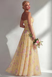 Chiffon Blue Pink Flower One Shoulder Ruched Printed Long Bridesmaid Dress with Slit