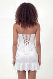 White Sweetheart Satin Corset Ruched Mini Graduation Dress with Ruffles