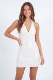 Sparkly White Halter Bodycon Mini Dress with Sequins