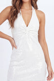 Sparkly White Halter Bodycon Mini Dress with Sequins