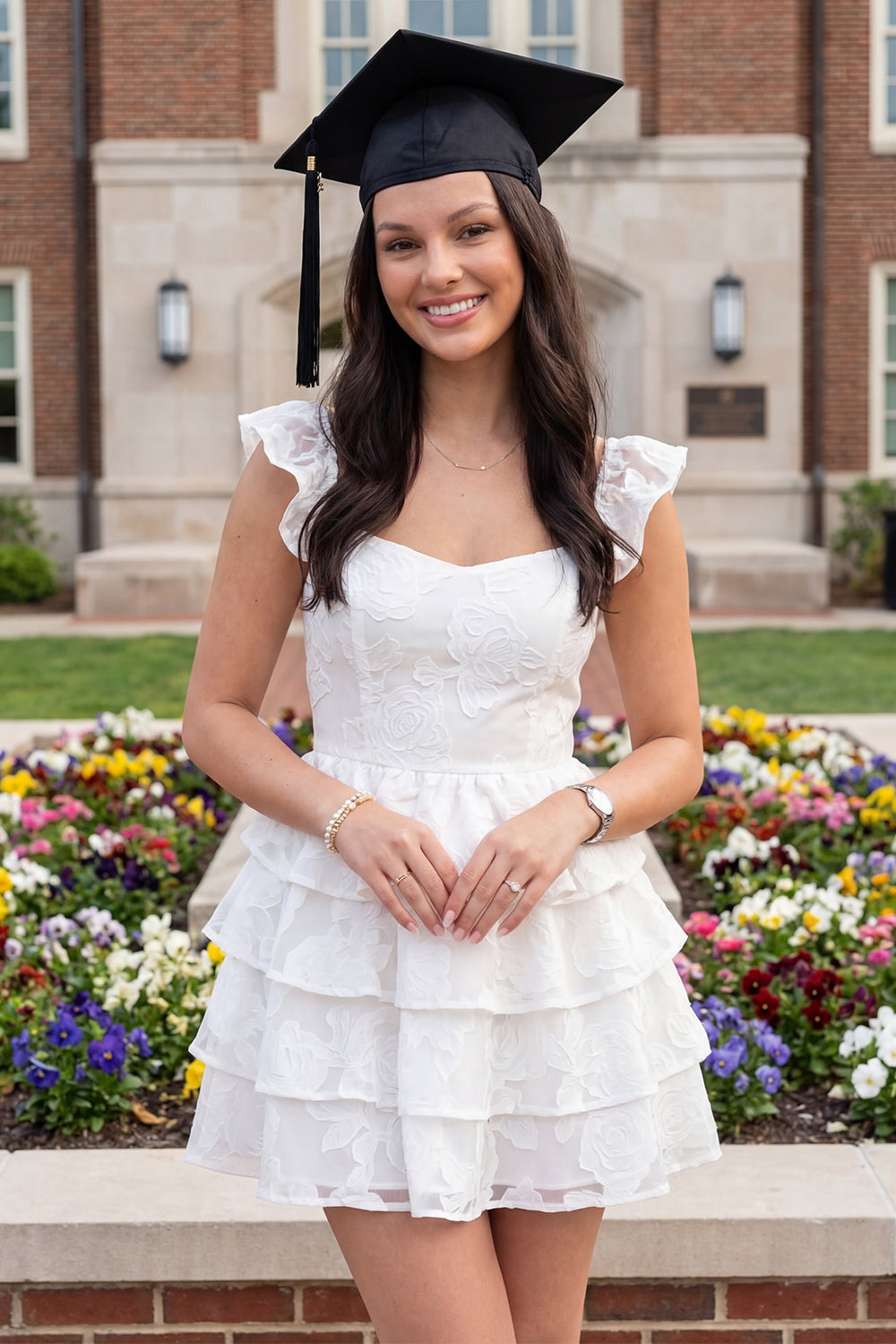 white floral dress graduation White Floral Strapless Sheath Graduation Dress White / 14