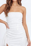 Sparkly White Sequin Bodycon Strapless Short Graduation Dress with Sash