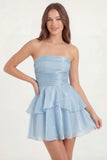 Glitter White Strapless A Line Tiered Ruffled Short Graduation Dress