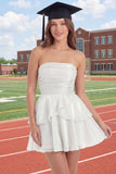 Glitter White Strapless A Line Tiered Ruffled Short Graduation Dress