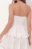 Glitter White Strapless A Line Tiered Ruffled Short Graduation Dress