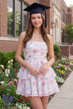 White Pink Flower Tiered Ruffled Strapless A Line Short Graduation Dress