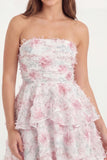 White Pink Flower Tiered Ruffled Strapless A Line Short Graduation Dress