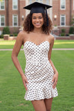 White Black Dot Bodycon Sweetheart Corset Mini Dress with Ruffles