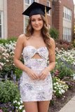 White Purple Flower Keyhole Bodycon Mini Dress with Bow