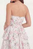 White Pink Flower Strapless A Line Ruffled Mini Graduation Dress