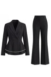2 Piece Notched Lapel Double Breasted Wide Leg Black Prom Suits with Ruffles