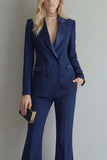 Peak Lapel Blue Double Breasted 2 Piece Wide Leg Prom Suits