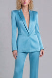 Blue Peak Lapel Single Breasted 2 Piece Wide Leg Prom Suits