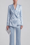 2 Piece Blue Peak Lapel Women Suits with Sleeves