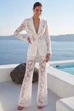 White Peak Lapel 2 Piece Lace Appliqued Women Suits with Sleeves