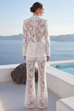 White Peak Lapel 2 Piece Lace Appliqued Women Suits with Sleeves