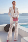 White Peak Lapel 2 Piece Lace Appliqued Women Suits with Sleeves