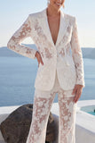 White Peak Lapel 2 Piece Lace Appliqued Women Suits with Sleeves