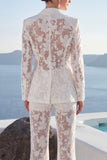 White Peak Lapel 2 Piece Lace Appliqued Women Suits with Sleeves