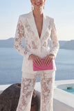 White Peak Lapel 2 Piece Lace Appliqued Women Suits with Sleeves
