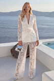 White 2 Piece Lace Appliqued Peak Lapel Flower Women Suits with Sleeves