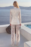 White 2 Piece Lace Appliqued Peak Lapel Flower Women Suits with Sleeves
