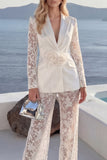 White 2 Piece Lace Appliqued Peak Lapel Flower Women Suits with Sleeves