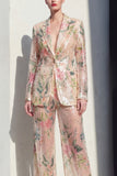 Champagne Floral 2 Piece Wide Leg Notched Lapel Single Breasted Prom Suits