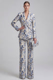 Champagne and Pink 2 Piece Floral Peak Lapel Double Breasted Prom Suits