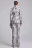 Champagne and Pink 2 Piece Floral Peak Lapel Double Breasted Prom Suits