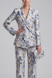 Champagne and Pink 2 Piece Floral Peak Lapel Double Breasted Prom Suits