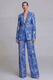 Dark Blue Lace Floral 2 Piece Single Breasted Notched Lapel Prom Suits