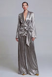 2 Piece Grey Wide Leg Shawl Lapel Prom Suits with Bow