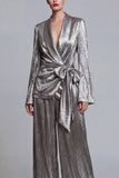 2 Piece Grey Wide Leg Shawl Lapel Prom Suits with Bow