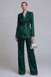 2 Piece Floral Dark Green Notched Lapel Wide Leg Prom Suits with Belt