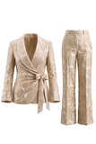 Floral Champagne 2 Piece Shawl Lapel Wide Leg Prom Suits with Bow