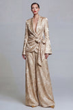 Floral Champagne 2 Piece Shawl Lapel Wide Leg Prom Suits with Bow