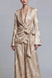Floral Champagne 2 Piece Shawl Lapel Wide Leg Prom Suits with Bow