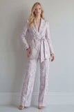 Lilac Floral Single Breasted 2 Piece Peak Lapel Wide Leg Prom Suits with Belt